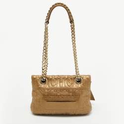 Pre Owned CH Carolina Herrera Gold Monogram Embossed Leather Audrey Crossbody Bag