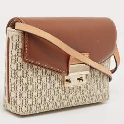 Pre Owned CH Carolina Herrera Brown/Off White Monogram Coated Canvas and Leather Crossbody Bag