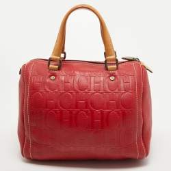 CH Carolina Herrera Red Monogram Embossed Leather Andy Boston Bag