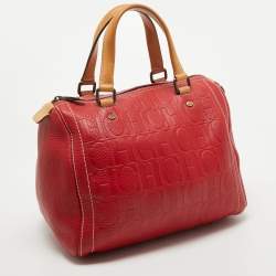 CH Carolina Herrera Red Monogram Embossed Leather Andy Boston Bag