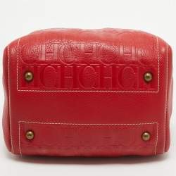CH Carolina Herrera Red Monogram Embossed Leather Andy Boston Bag