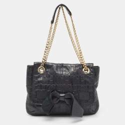 Pre Owned CH Carolina Herrera Black Monogram Leather Audrey Shoulder Bag