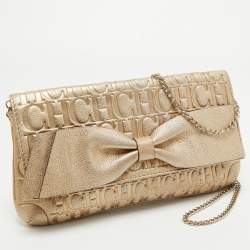 Pre Owned CH Carolina Herrera Gold Monogram Embossed Leather Audrey Shoulder Bag