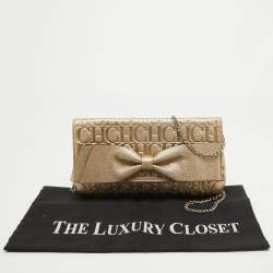 Pre Owned CH Carolina Herrera Gold Monogram Embossed Leather Audrey Shoulder Bag