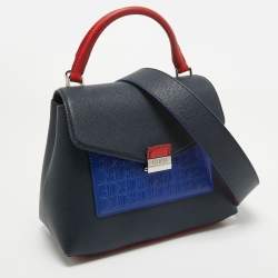 Pre Owned CH Carolina Herrera Two Tone Blue Monogram Leather Top Handle Bag