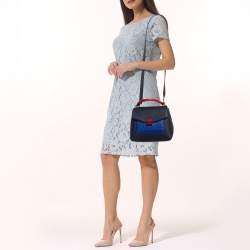 Pre Owned CH Carolina Herrera Two Tone Blue Monogram Leather Top Handle Bag