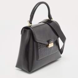 CH Carolina Herrera Black Monogram Embossed Patent Leather Push Lock Flap Top Handle Bag