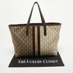 Pre Owned CH Carolina Herrera Dark Brown/Two Tone Beige Monogram Canvas Shopper Tote