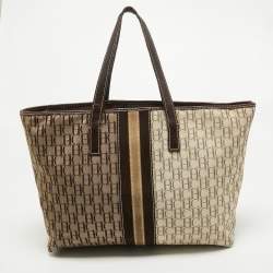 Pre Owned CH Carolina Herrera Dark Brown/Two Tone Beige Monogram Canvas Shopper Tote