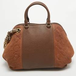 Pre Owned CH Carolina Herrera Two Tone Brown Monogram Leather Dome Satchel