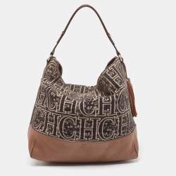 Pre Owned CH Carolina Herrera Brown/Black Monogram Fabric and Leather Hobo