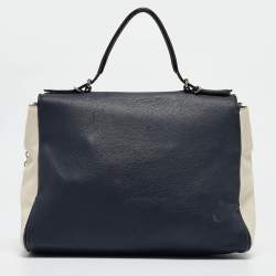 Pre Owned Carolina Herrera Navy Blue/White Leather Minuetto Top Handle Bag