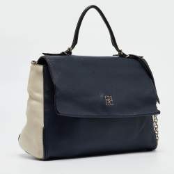 Pre Owned Carolina Herrera Navy Blue/White Leather Minuetto Top Handle Bag