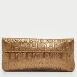Pre Owned CH Carolina Herrera Gold Monogram Embossed Leather Audrey Chain Clutch
