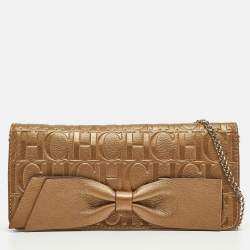 Pre Owned CH Carolina Herrera Gold Monogram Embossed Leather Audrey Chain Clutch