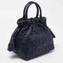 Pre Owned CH Carolina Herrera Blue Monogram Embossed Leather String Bucket Bag