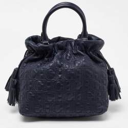 Pre Owned CH Carolina Herrera Blue Monogram Embossed Leather String Bucket Bag