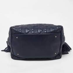 Pre Owned CH Carolina Herrera Blue Monogram Embossed Leather String Bucket Bag