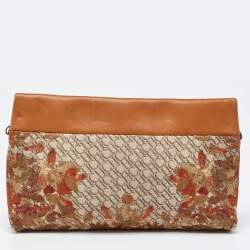 Pre Owned CH Carolina Herrera Brown Signature Canvas and Leather Strap Clutch 