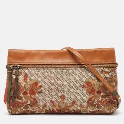 Pre Owned CH Carolina Herrera Brown Signature Canvas and Leather Strap Clutch 