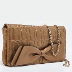 Pre Owned CH Carolina Herrera Gold Monogram Leather Bow Chain Clutch