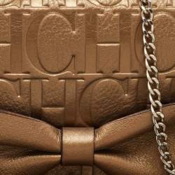 Pre Owned CH Carolina Herrera Gold Monogram Leather Bow Chain Clutch