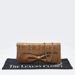 Pre Owned CH Carolina Herrera Gold Monogram Leather Bow Chain Clutch