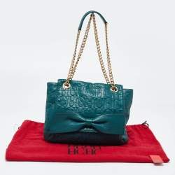 مملوكة مسبقًا CH Carolina Herrera Green Monogram Embossed Leather Bow Shoulder Bag
