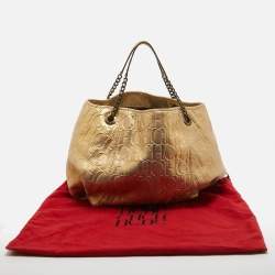 Pre Owned CH Carolina Herrera Iridescent Gold Monogram Embossed Leather Chain Hobo