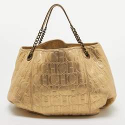 Pre Owned CH Carolina Herrera Iridescent Gold Monogram Embossed Leather Chain Hobo