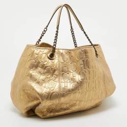 Pre Owned CH Carolina Herrera Iridescent Gold Monogram Embossed Leather Chain Hobo