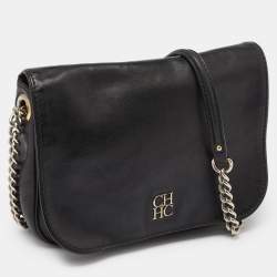 CH Carolina Herrera Black Leather New Baltazar Flap Shoulder Bag