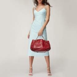 Pre Owned CH Carolina Herrera Red Monogram Embossed Leather Chain Hobo