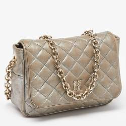 CH Carolina Herrera Silver Quilted Leather Chain Flap Shoulder Bag