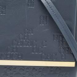 Pre Owned CH Carolina Herrera Navy Blue Monogram Embossed Leather Flap Top Handle Bag