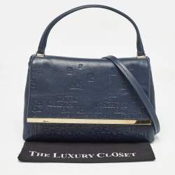 Pre Owned CH Carolina Herrera Navy Blue Monogram Embossed Leather Flap Top Handle Bag