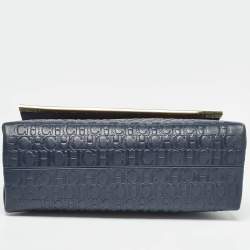 Pre Owned CH Carolina Herrera Navy Blue Monogram Embossed Leather Flap Top Handle Bag