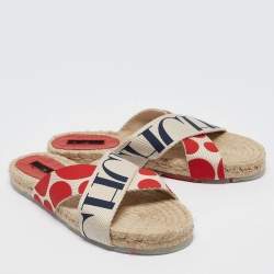 Pre Owned CH Carolina Herrera  Multicolor Canvas Crisscross Flat Slides Size 39   