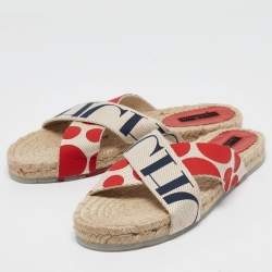 Pre Owned CH Carolina Herrera  Multicolor Canvas Crisscross Flat Slides Size 39   