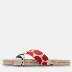 Pre Owned CH Carolina Herrera  Multicolor Canvas Crisscross Flat Slides Size 39   