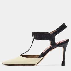 Pre Owned CH Carolina Herrera Cream/Black Patent and Leather Slingback Pumps Size 40