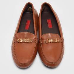 Pre Owned CH Carolina Herrera Brown Leather Slip On Loafers Size 41
