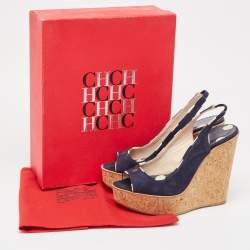 CH Carolina Herrera Navy Blue Suede Cork Wedge Slingback Sandals Size 37