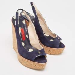 CH Carolina Herrera Navy Blue Suede Cork Wedge Slingback Sandals Size 37