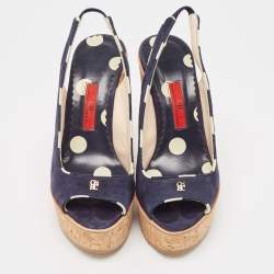 CH Carolina Herrera Navy Blue Suede Cork Wedge Slingback Sandals Size 37