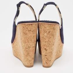 CH Carolina Herrera Navy Blue Suede Cork Wedge Slingback Sandals Size 37