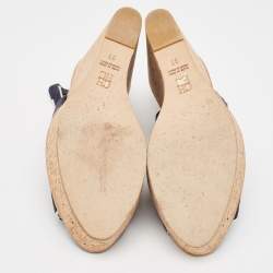CH Carolina Herrera Navy Blue Suede Cork Wedge Slingback Sandals Size 37