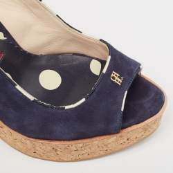 CH Carolina Herrera Navy Blue Suede Cork Wedge Slingback Sandals Size 37
