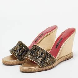 CH Carolina Herrera Metallic Glitter and Leather  Wedge Espadrille Slide Sandals Size 39