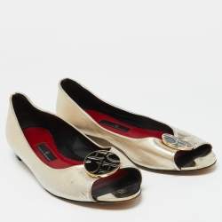 CH Carolina Herrera Gold Leather Logo Peep-Toe Ballet Flats Size 38